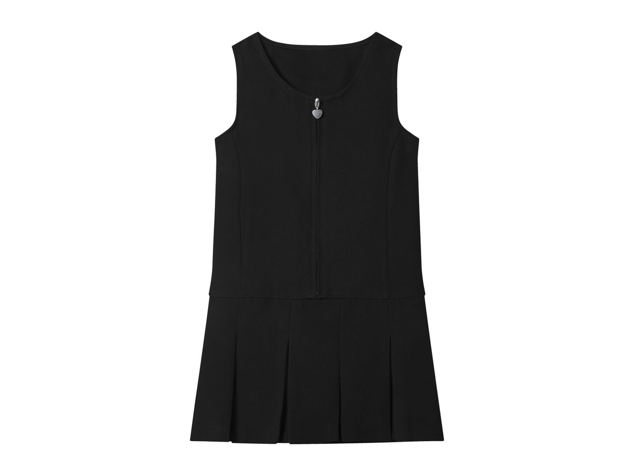 Black sleeveless school uniform dress with a pleated skirt and a heart-shaped zipper pull.