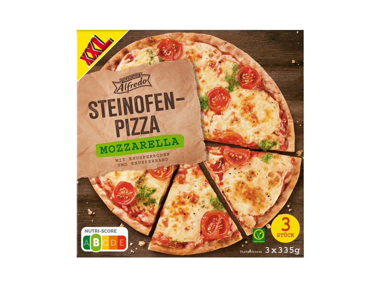 Traditoria Alfredo Steinofen-Pizza Mozzarella (XL): Drei tiefgekühlte Pizzen mit knusprigem Boden und Rand.