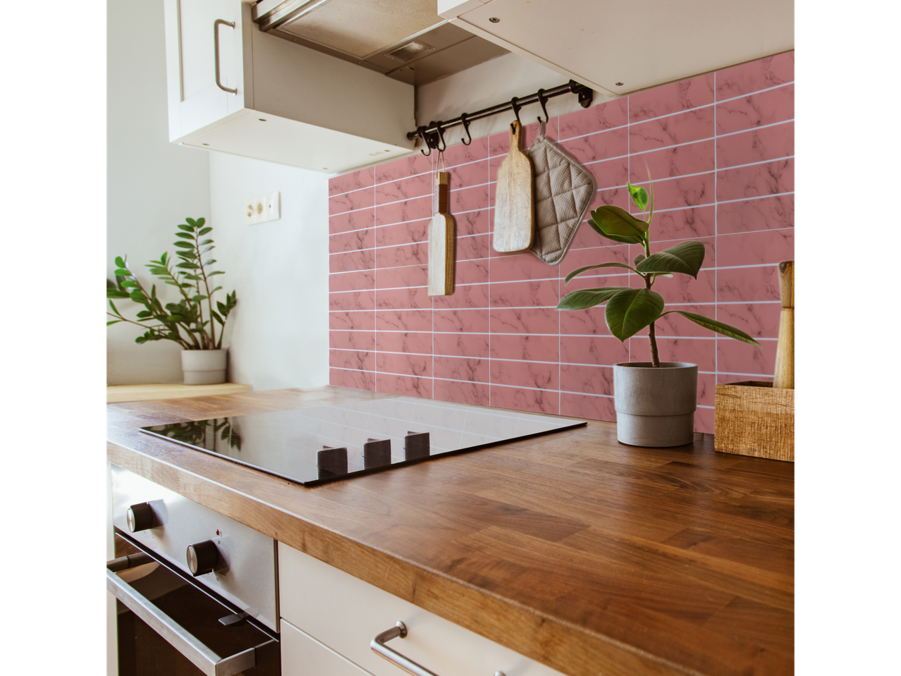 LIVARNO home self-adhesive wall tiles in a kitchen with a wooden countertop.