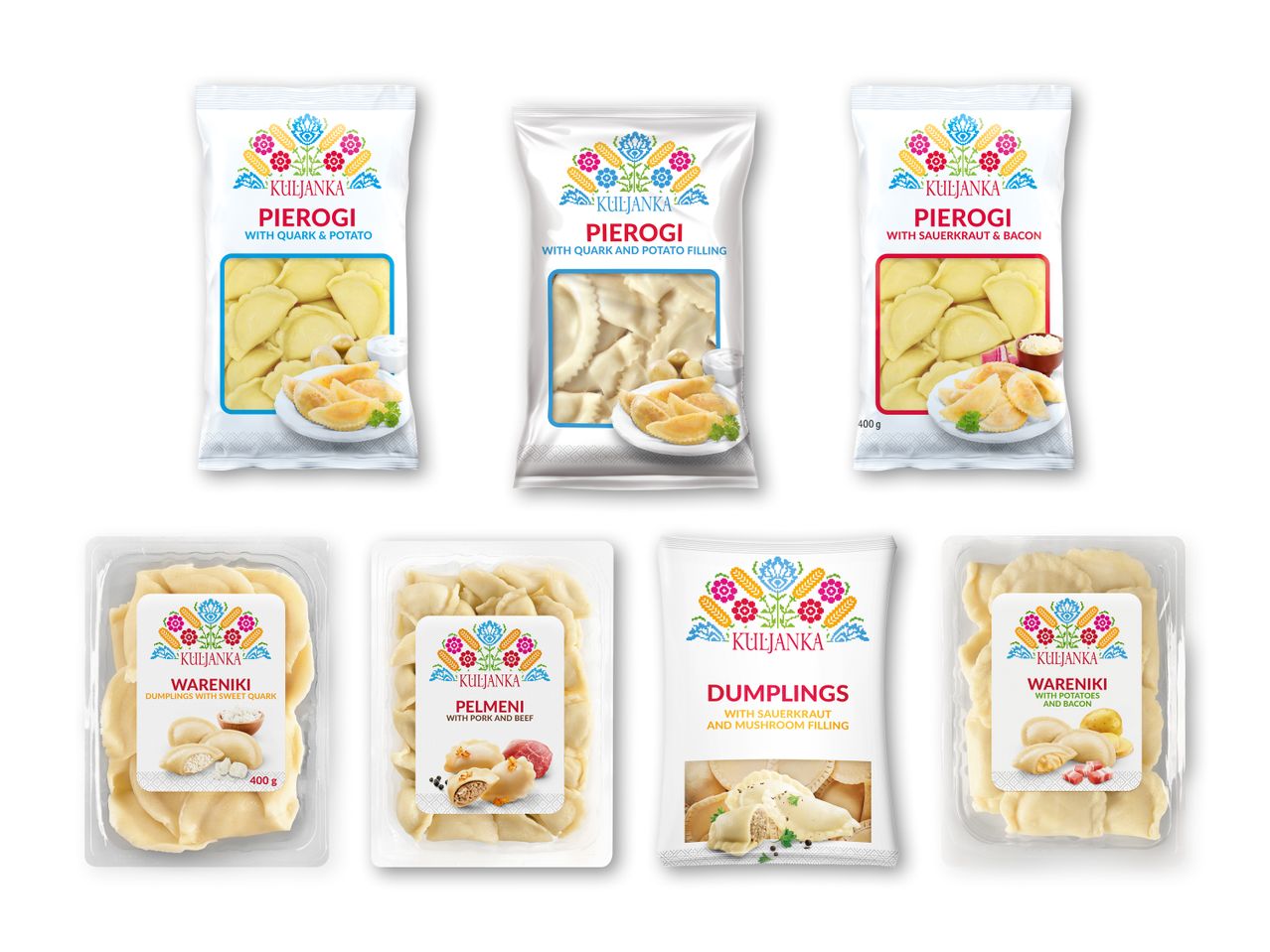 Forskellige pakker med pierogi, pelmeni, vareniki og dumplings med forskellige fyld.