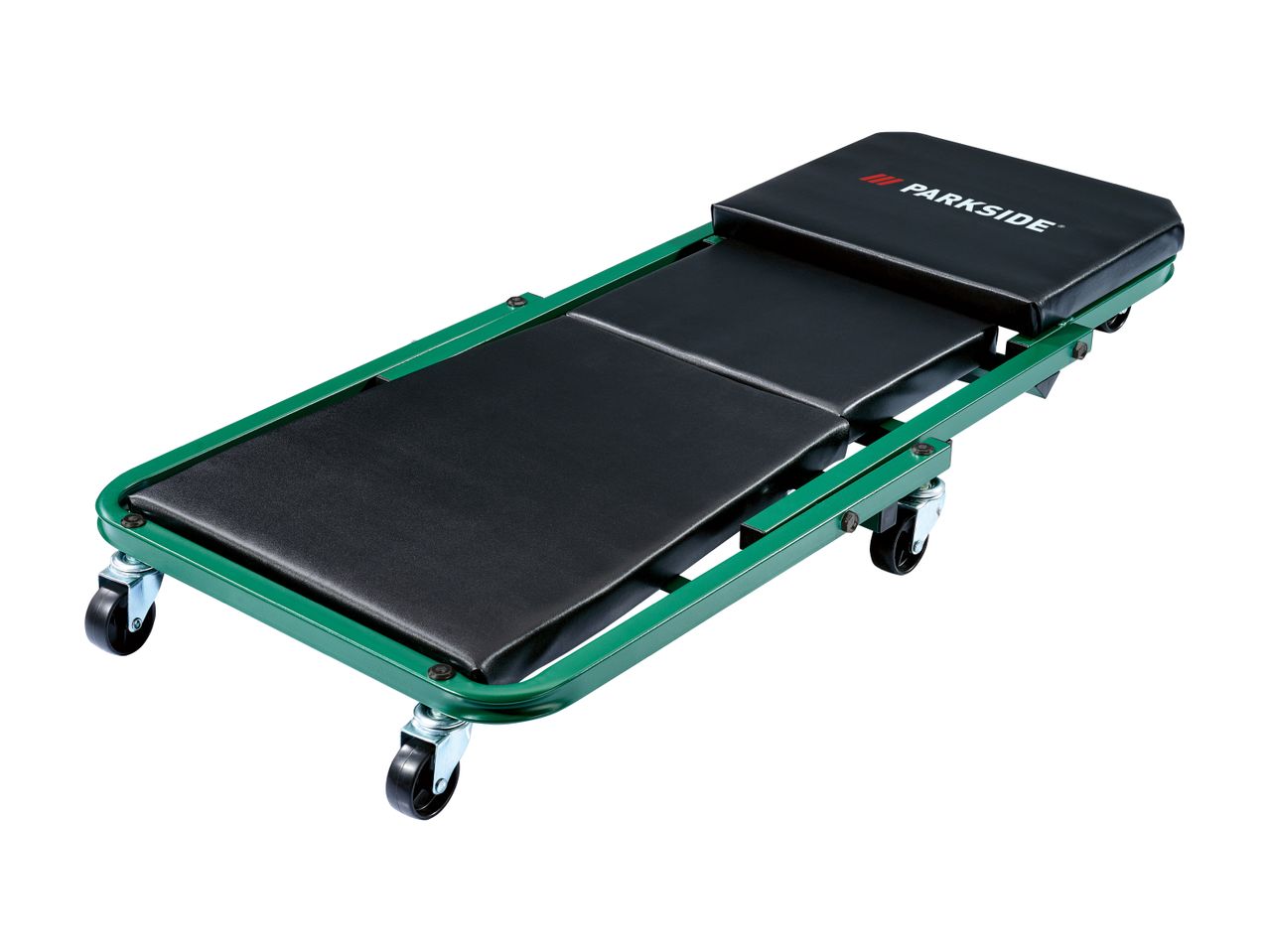 Green mechanic's creeper with black padded sections and wheels.