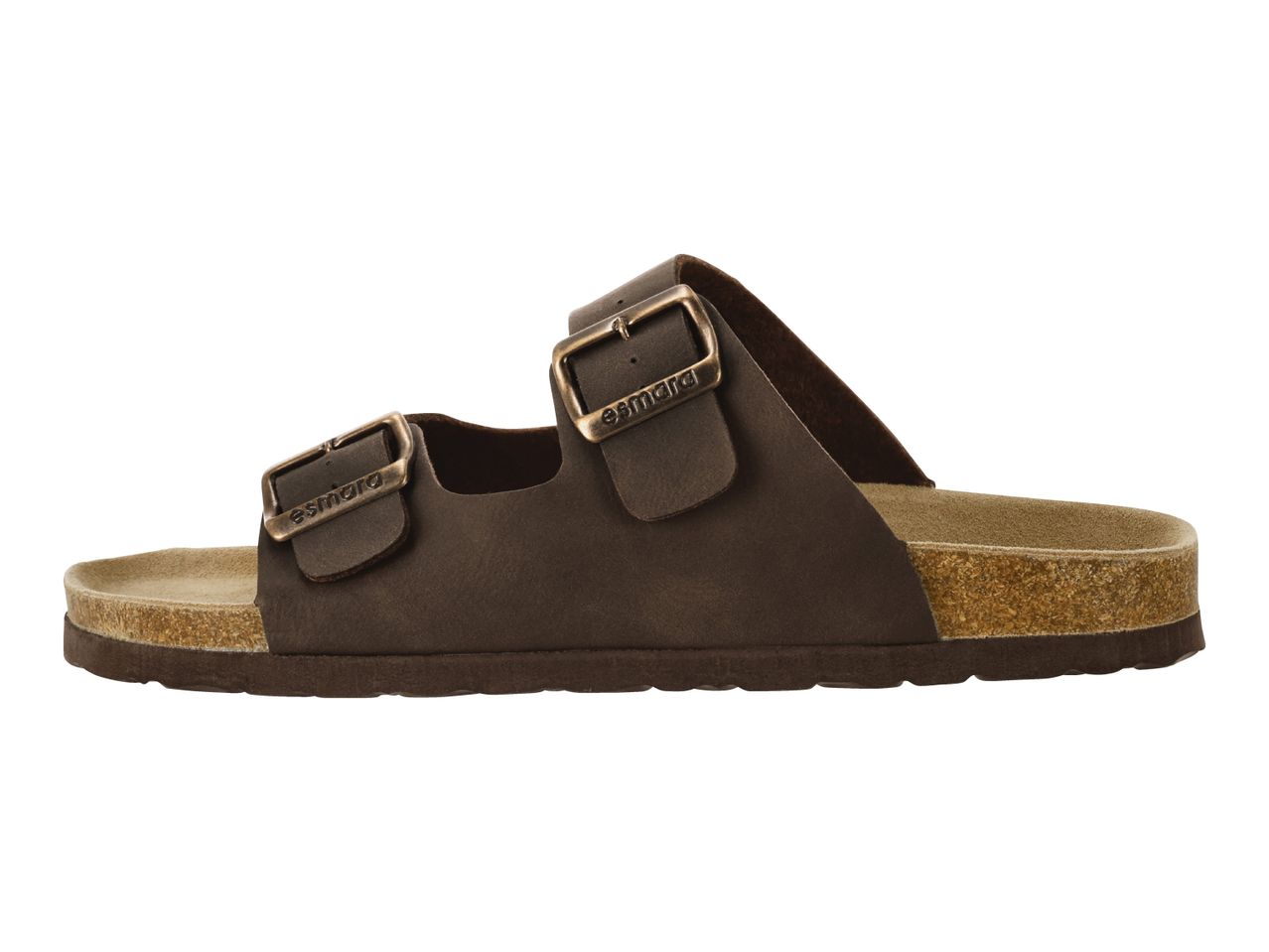 Brown double-buckle sandals with a cork sole, viewed from the side.
