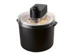 Black ice cream maker with a transparent lid and a control knob on top.
