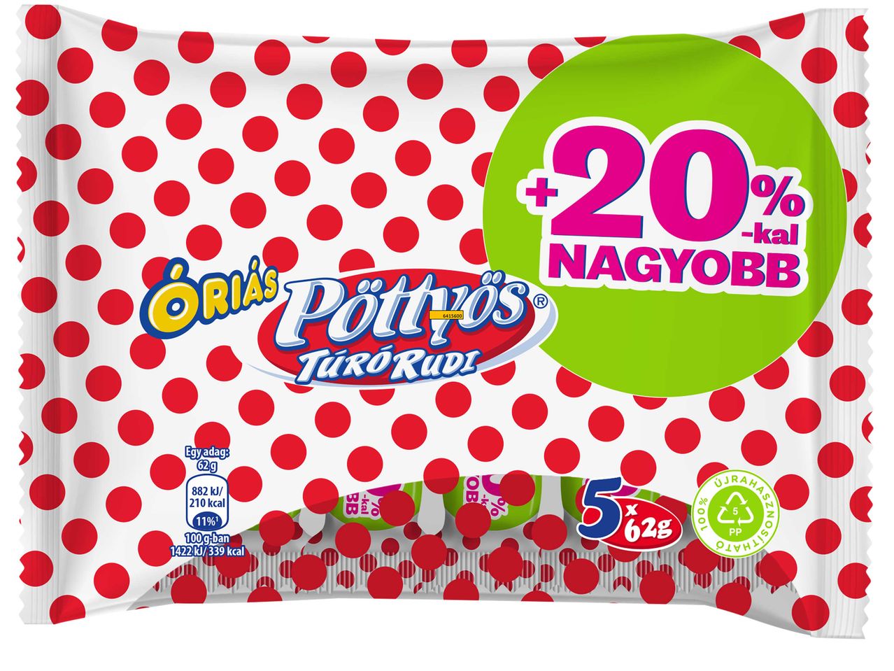 Pöttyös Túró Rudi csomagolás, 5 darabos kiszerelésben, 20%-kal nagyobb méretben.