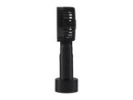 Black handheld fan with a rectangular head and a cylindrical handle, standing upright.
