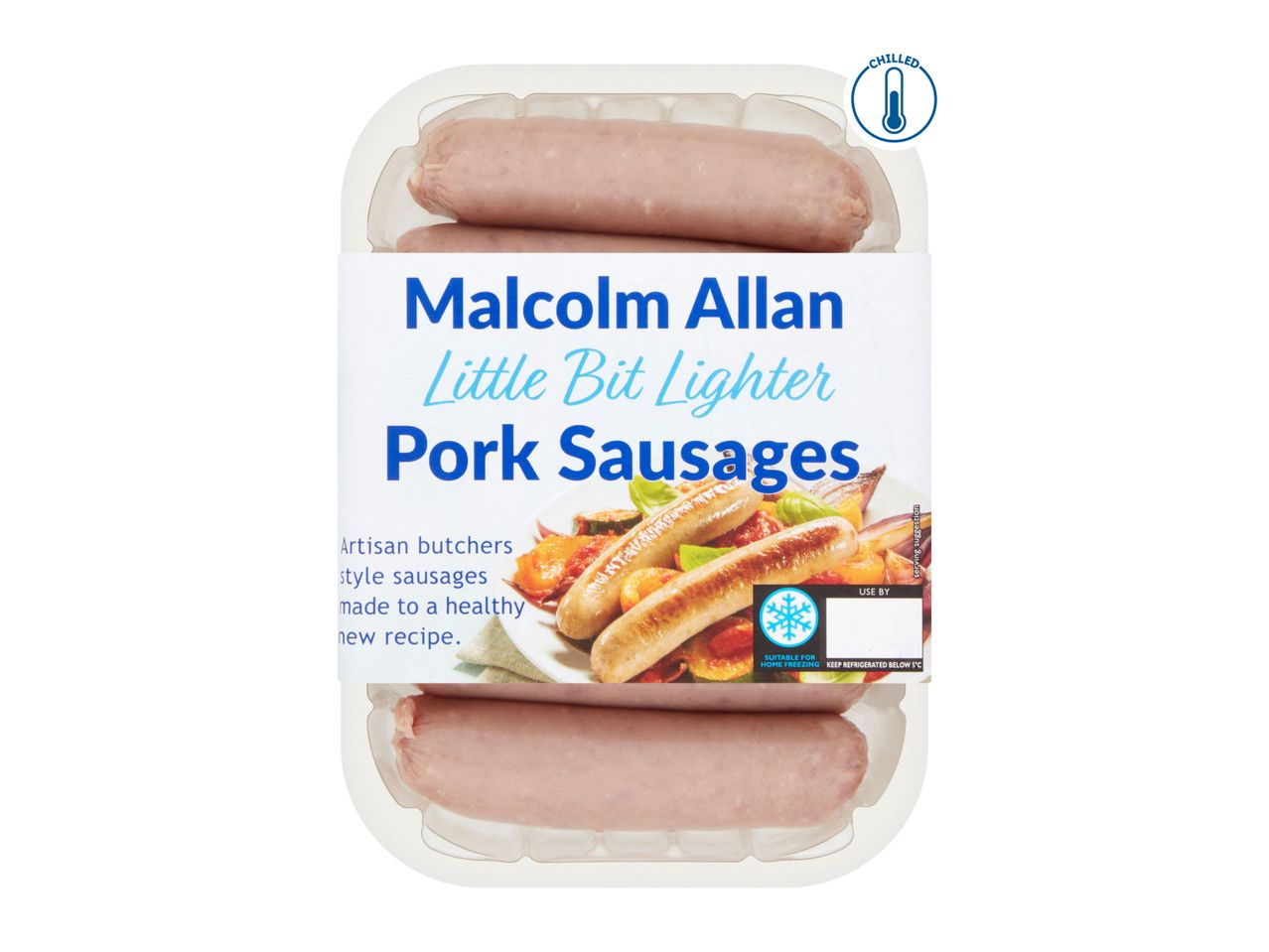 Malcolm Allan Little Bit Lighter Pork Sausages in a clear plastic tray.