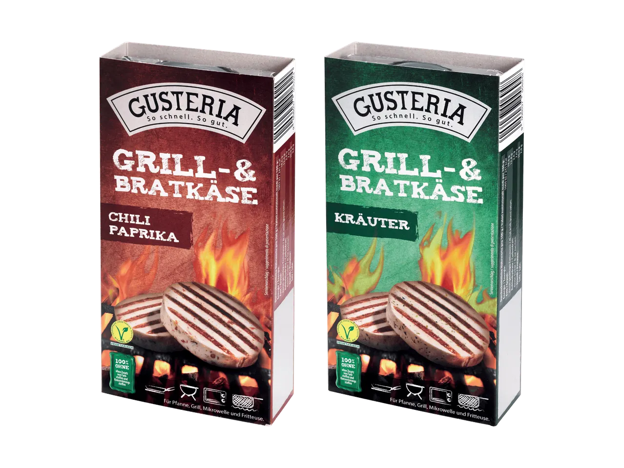 Zwei Packungen Costeria Grill- & Bratkäse, Paprika und Kräuter.