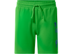 Green kids' sweatshorts with an elasticated waist, drawstring, and a blue graphic print on the right leg.