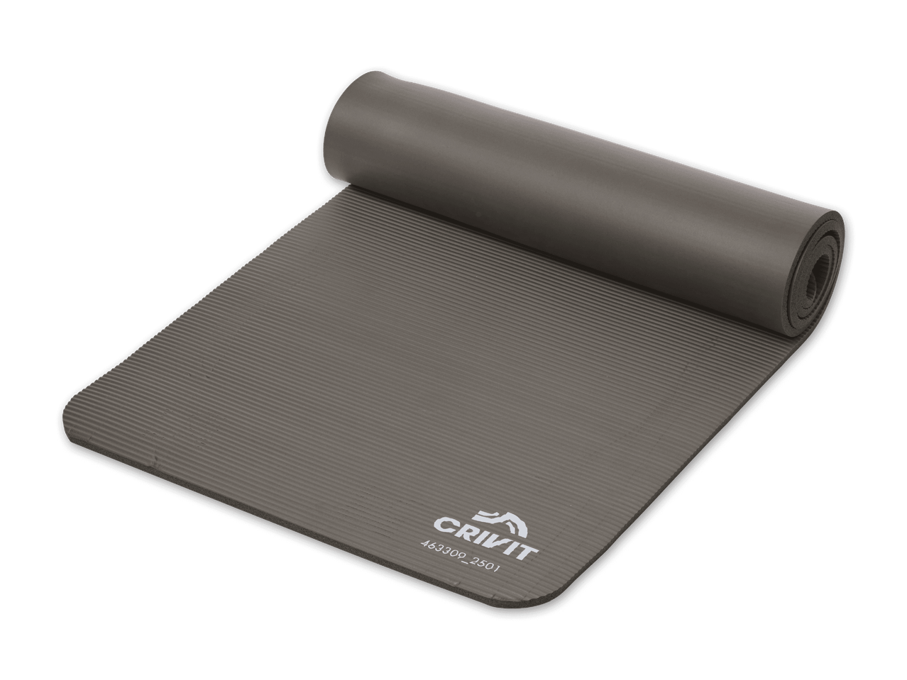 Graue Crivit Fitnessmatte, teilweise aufgerollt