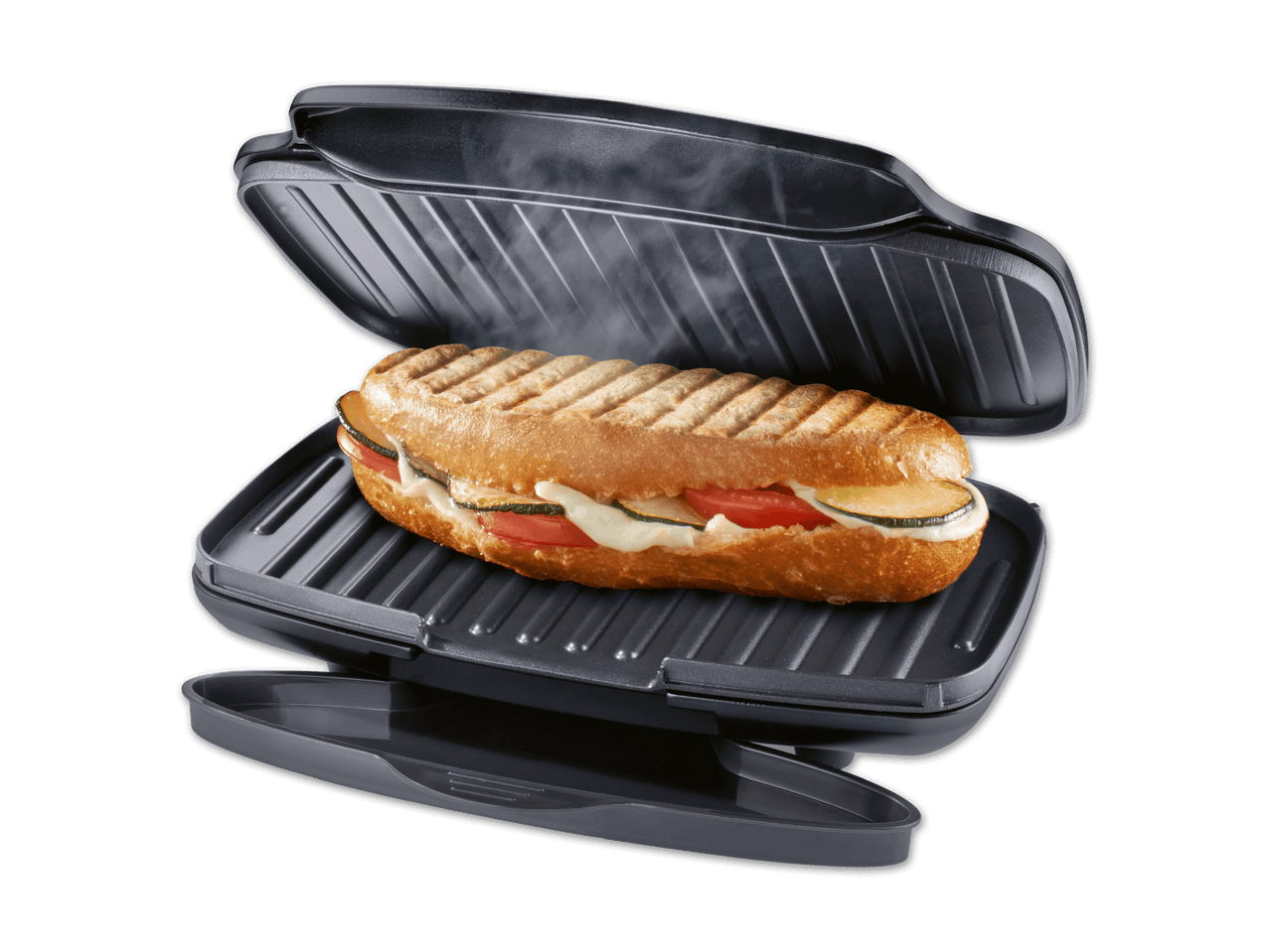 Ein Panini-Toaster mit einem frisch zubereiteten Panini.