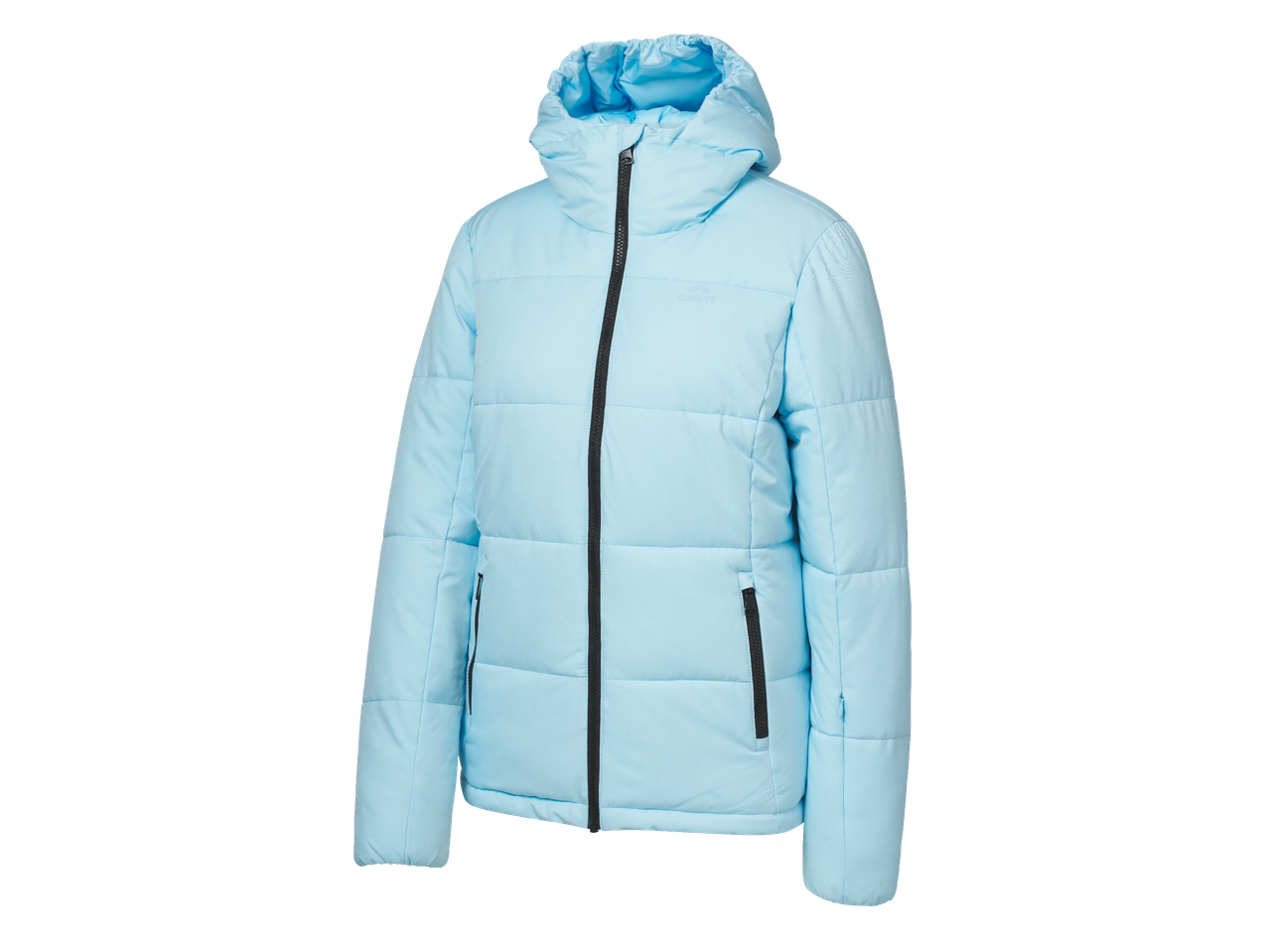 Светлосиньо подплатено яке с качулка и черни ципове