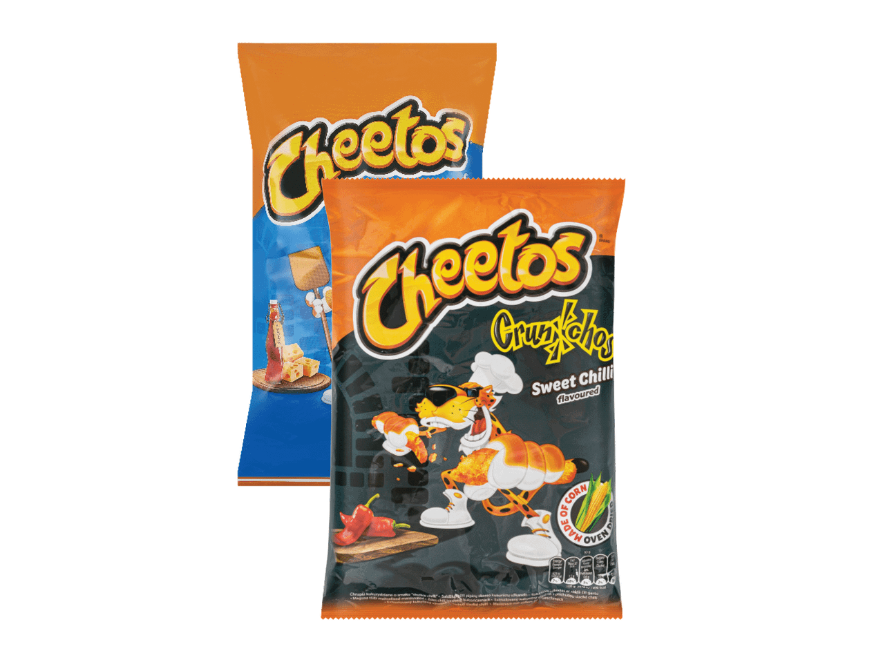 Du Cheetos traškučių pakeliai: vienas mėlynas, kitas juodas su Sweet Chilli skoniu.