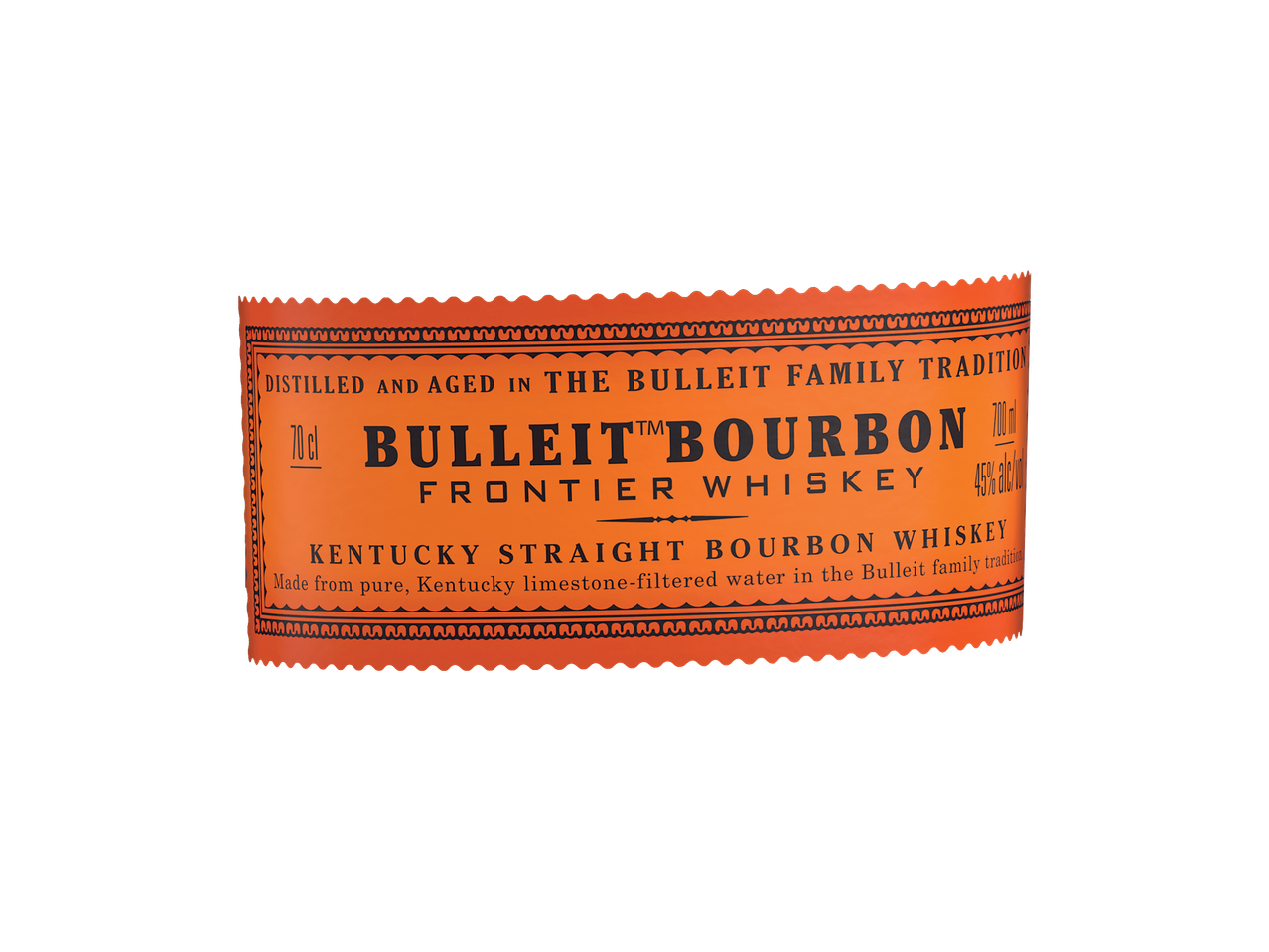 Етикет за бърбън уиски с текст „Дестилирано и отлежало по семейна традиция“.