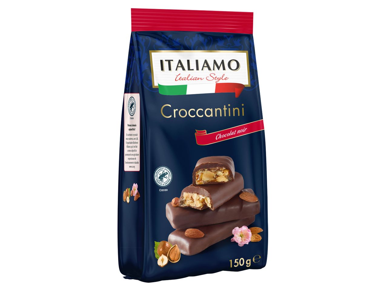 Sac de 150g de Croccantini au chocolat noir de la marque Italamo, style italien.