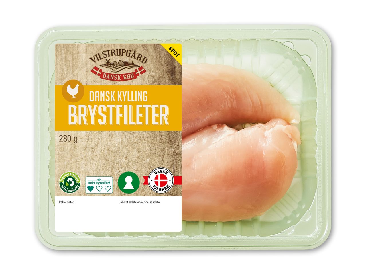 Vilstrupgaard danske kyllingebrystfileter (280g) i plastikemballage.