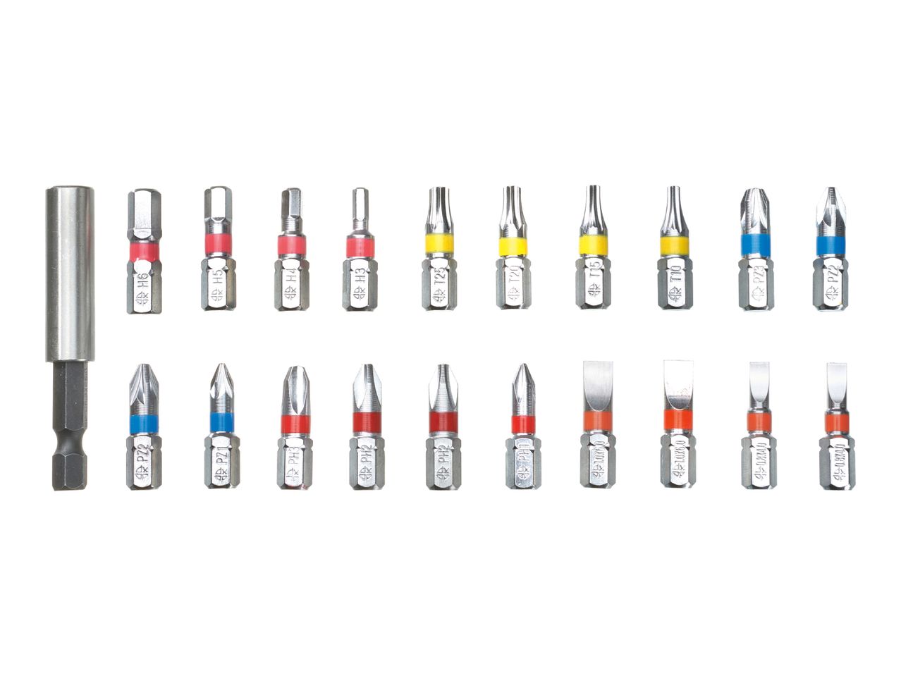 A set of 24 screwdriver bits and a magnetic bit holder, featuring various sizes and types including Phillips, Pozidriv, Torx, Hex, and slotted bits.