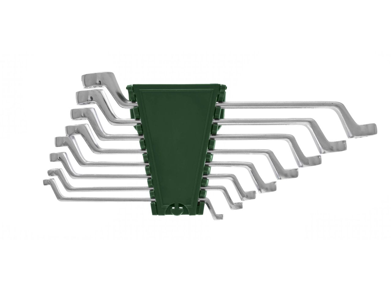 Set of silver-colored wrenches in a green holder