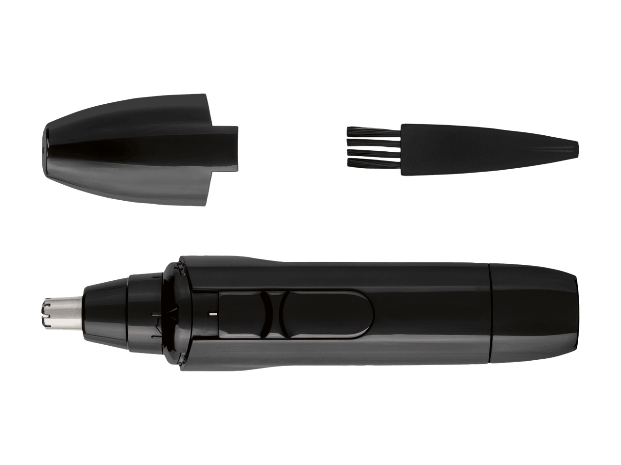 Tondeuse nez et oreilles noire avec capuchon de protection et brosse de nettoyage.
