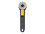 A gray and yellow rotary cutter with a circular blade and a hole at the end of the handle.