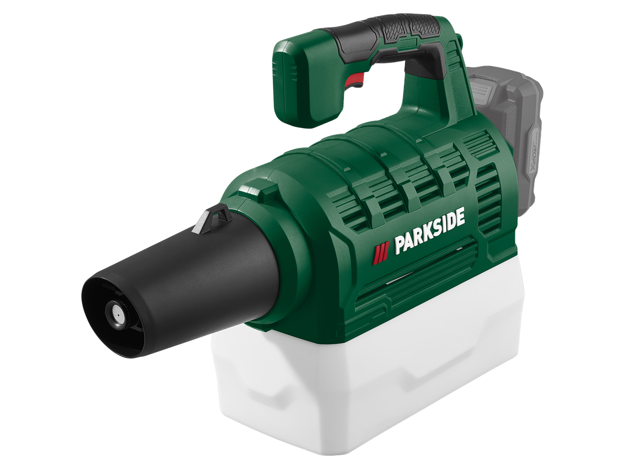 Zöld és fehér akkumulátoros permetezőgép, fekete fúvókával és fogantyúval.