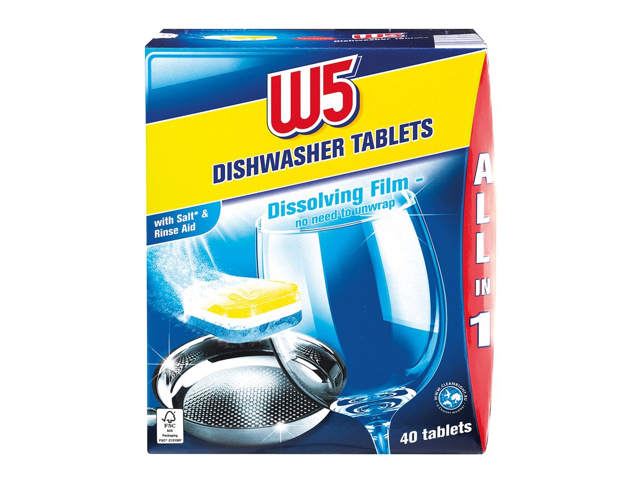 40 W5 dishwasher tablets: with salt & rinse aid.
