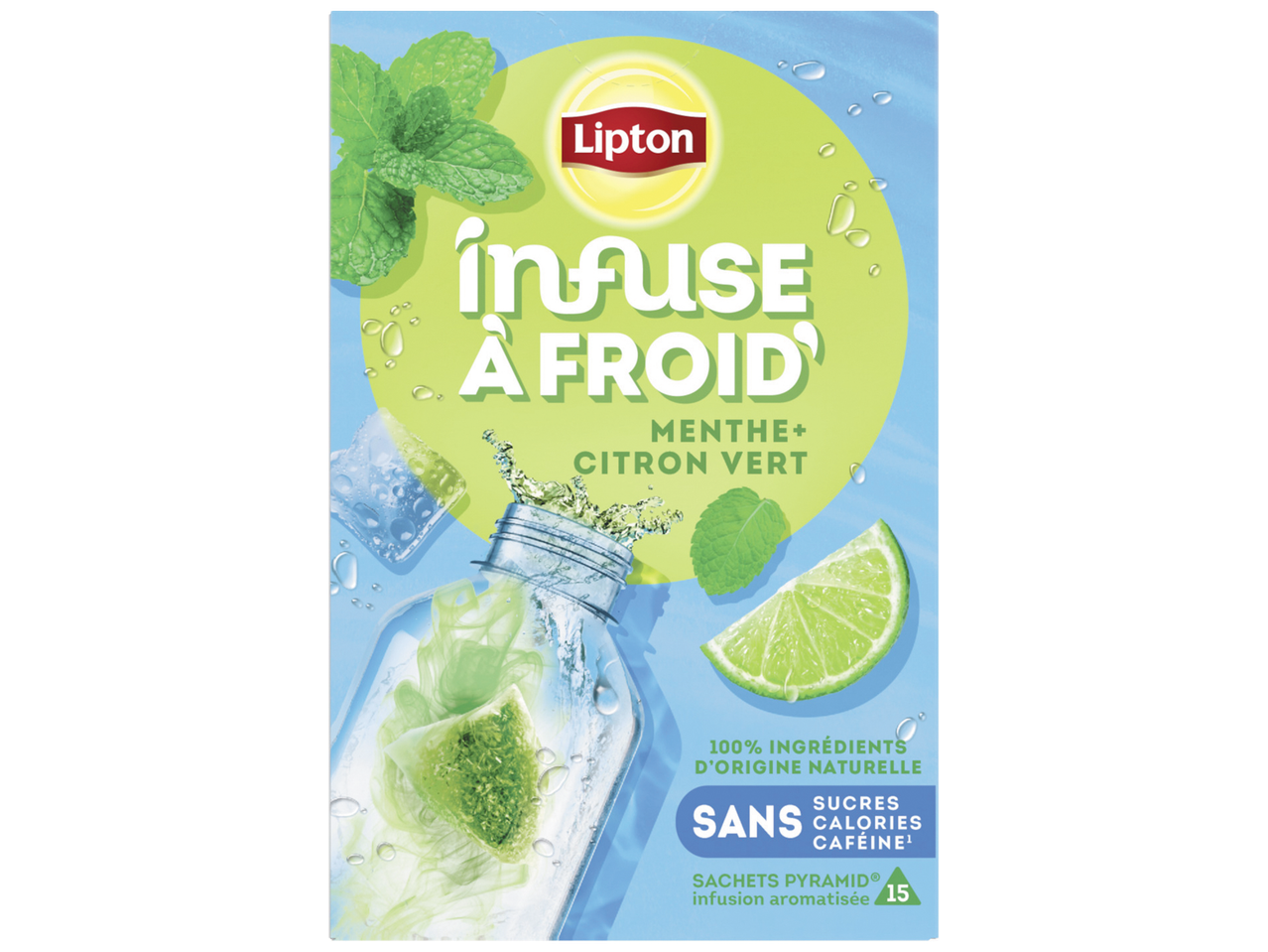 Infusion froide menthe et citron vert, sans sucres, calories ni caféine, avec 15 sachets pyramidaux.