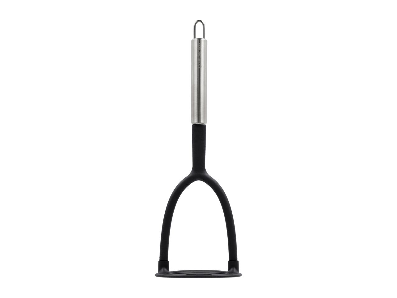 Black potato masher with a stainless steel handle