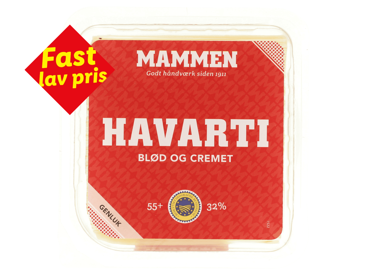 Havarti ost i en pakke med rød etiket, der angiver 'Fast lav pris' og 'Blød og cremet'.