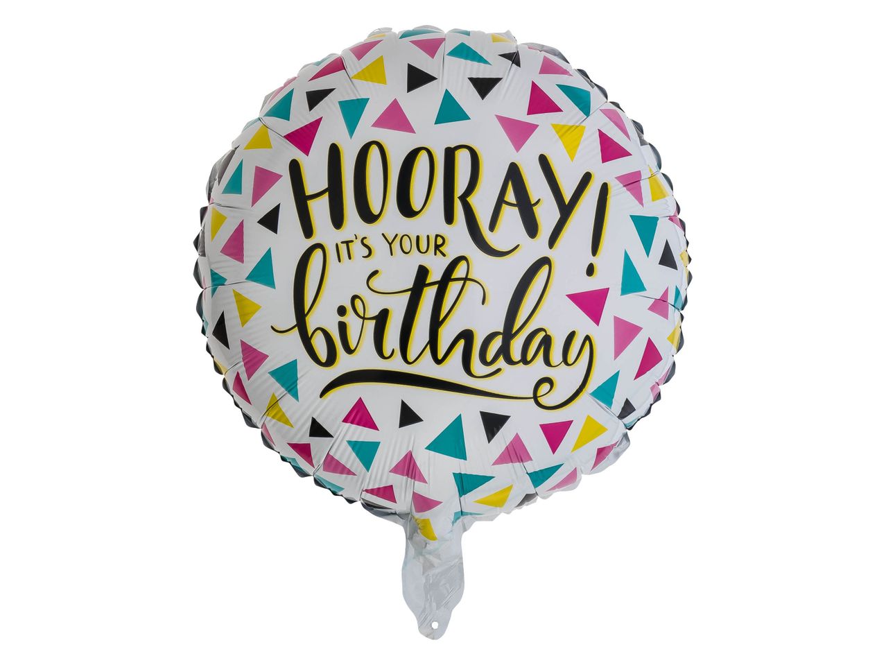 A white foil balloon with colorful triangles and the text 'HOORAY! IT'S YOUR birthday!'