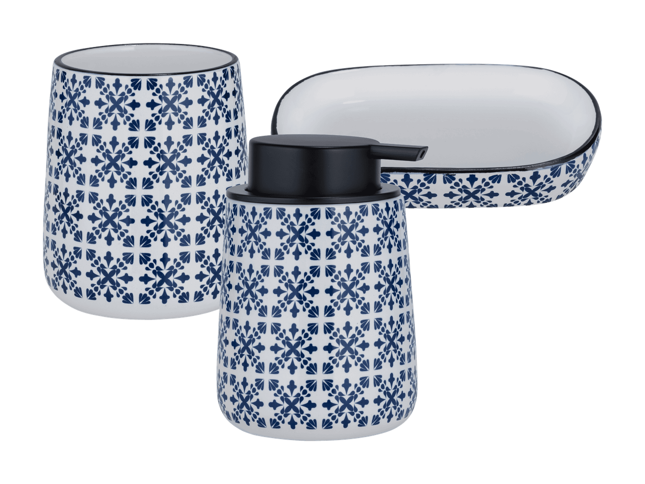 Ensemble de salle de bain avec distributeur de savon, porte-brosse à dents et porte-savon à motif bleu et blanc.