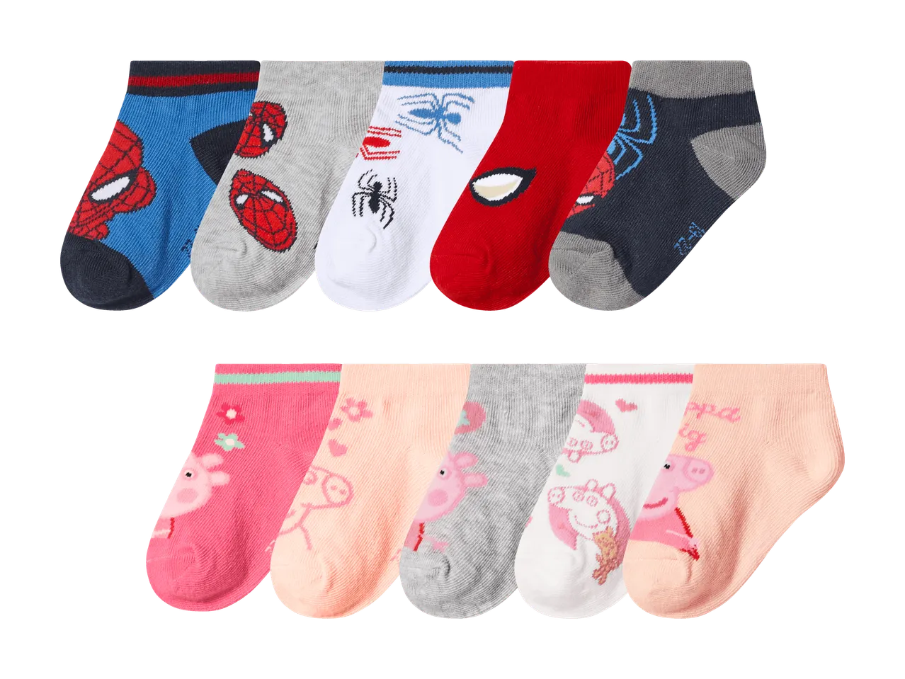 Chaussettes pour enfants avec motifs de super-héros et de cochons roses.