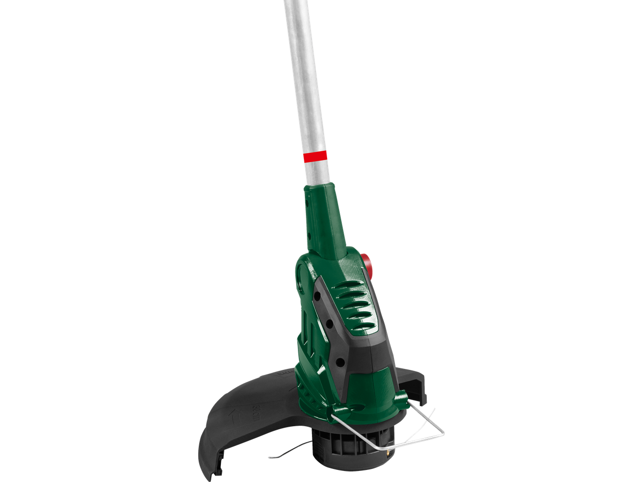 Aparador de relva elétrico verde e preto com cabo prateado e detalhes vermelhos.