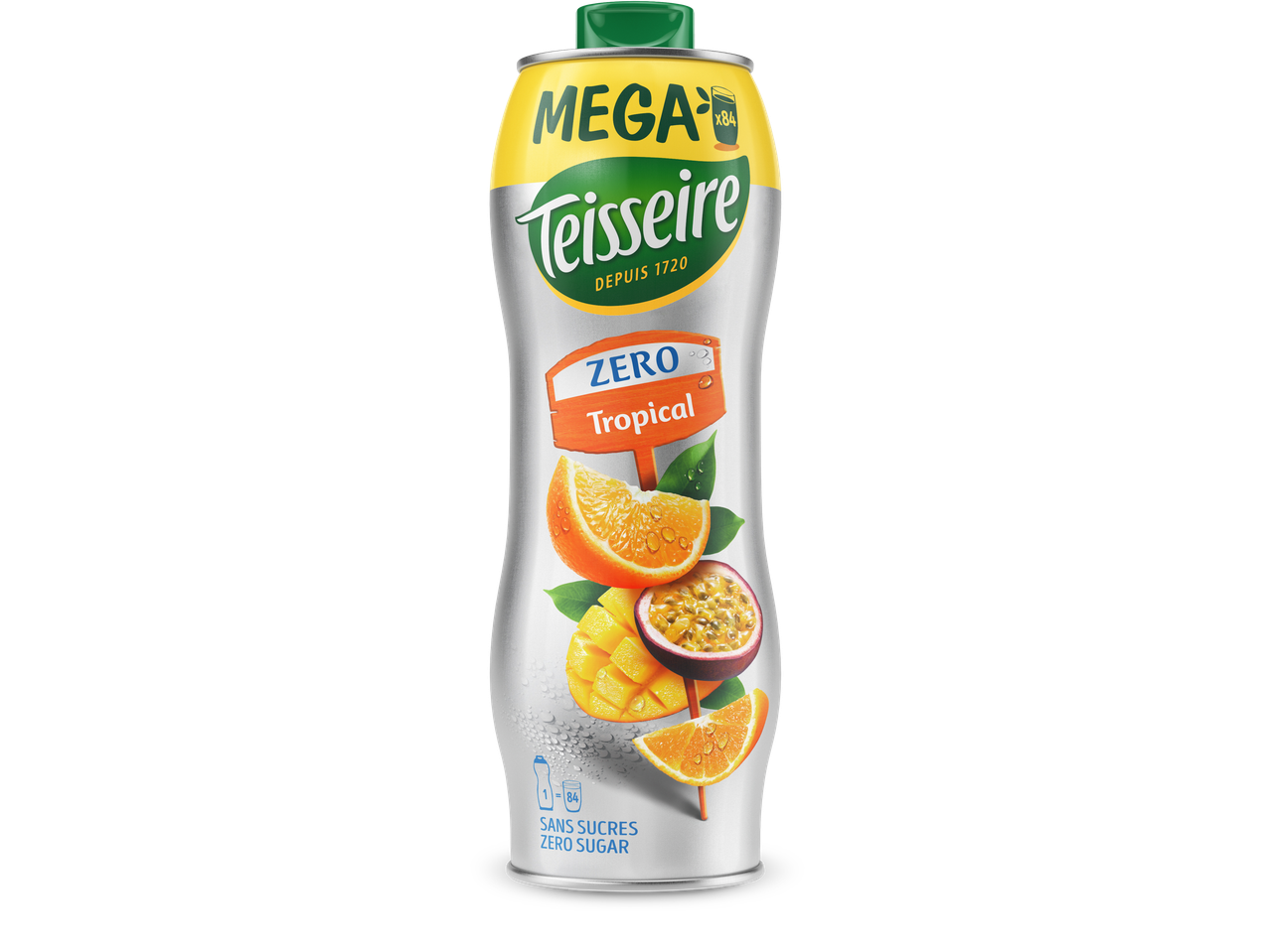 Teisseire Zero Tropical siroopfles met sinaasappel, mango en passievrucht.
