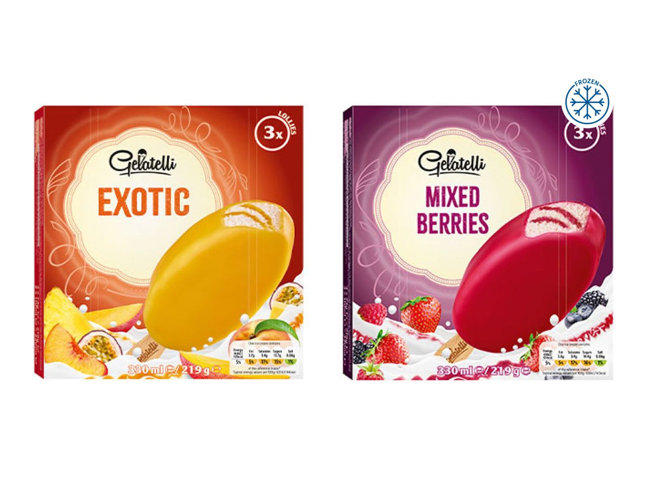 Two boxes of ice cream lollies, one exotic fruit flavored and one mixed berries flavored, each containing 3 lollies.