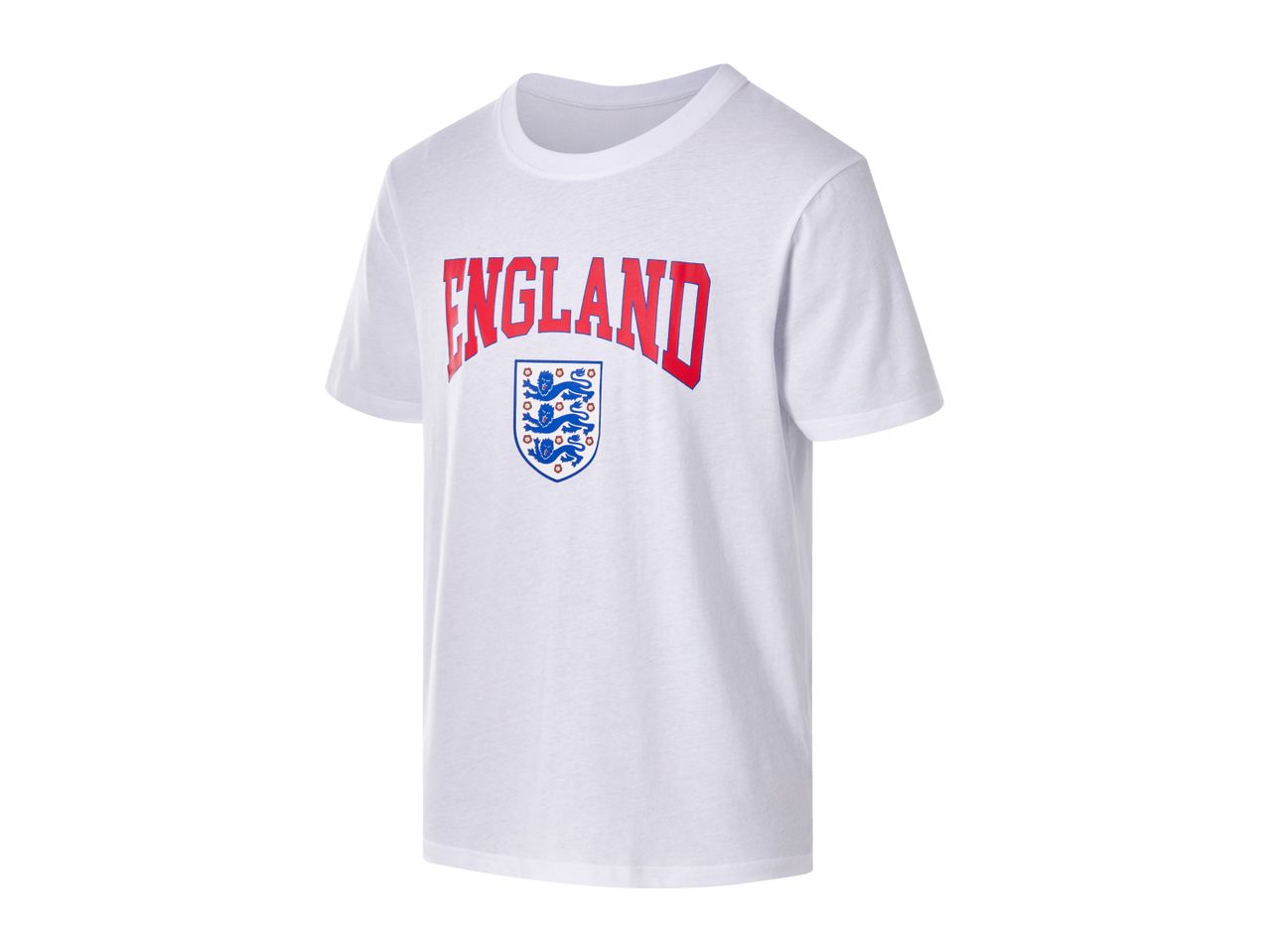 White t-shirt with 'ENGLAND' text and a shield with three blue lions