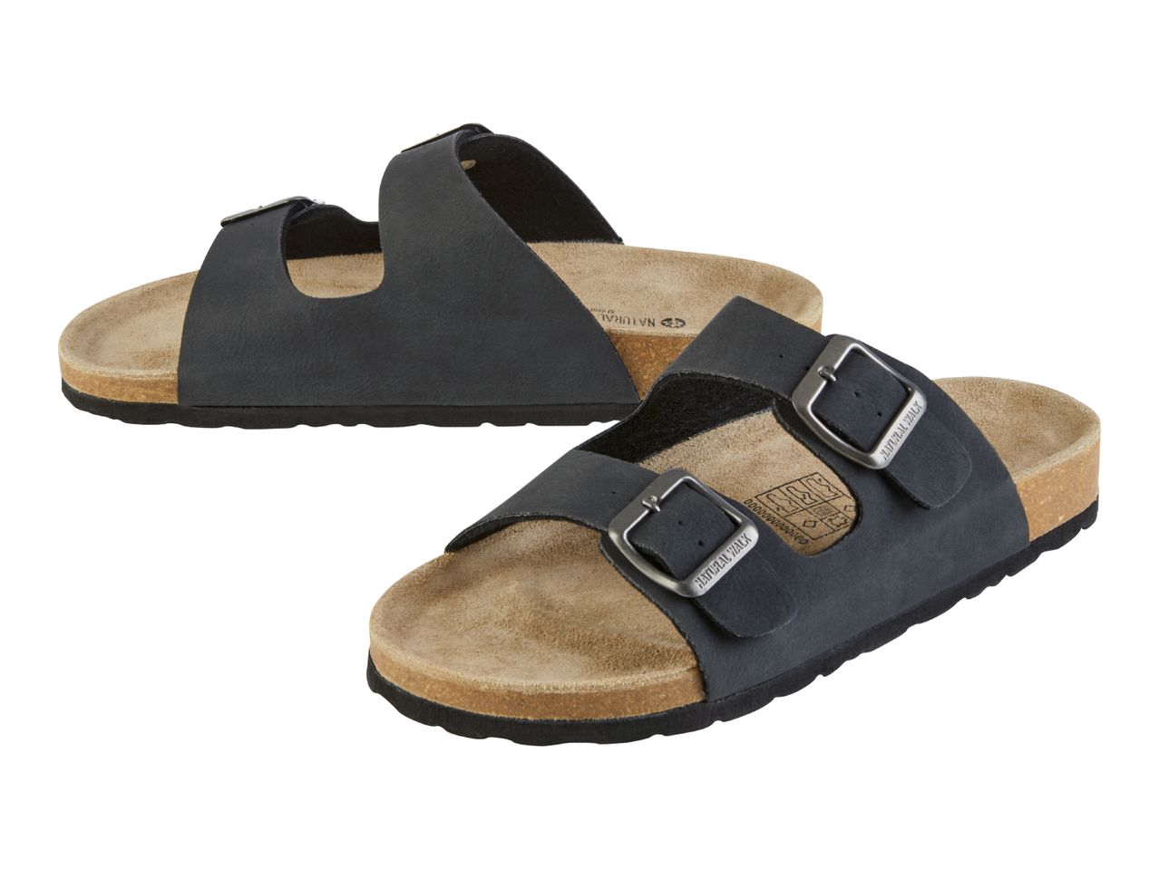 A pair of black Natural Walk double buckle sandals with cork soles.