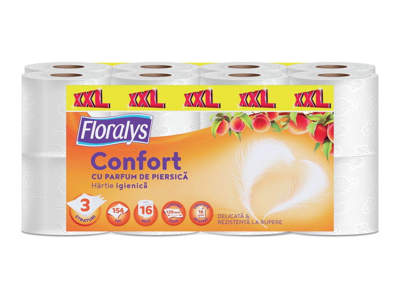 Pachet de hârtie igienică XXL cu parfum de piersică, 3 straturi, 154 foi, 16 role.