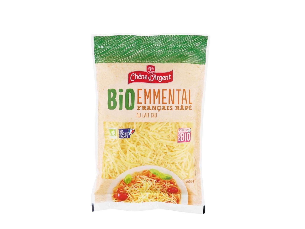 Fromage Emmental râpé bio Chêne d'Argent.
