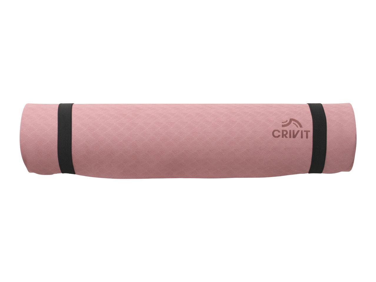 Rolled-up pink yoga mat with a textured surface and black elastic straps.