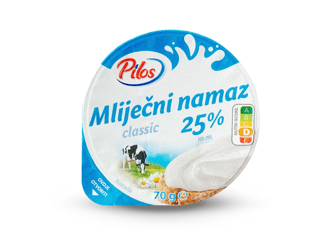 Pilos mliječni namaz, klasični, 25% m.m., 70g, s Nutri-Score D oznakom.