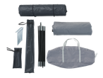 Комплект за къмпинг, включващ сгънати палатки, колчета, рейки и чанти за съхранение.