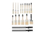 A set of various paintbrushes, including round, flat, and wide brushes, with two brush cleaning tools.