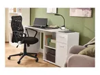 Home office setup with a white desk, black mesh office chair, and a monitor on a green wall background.