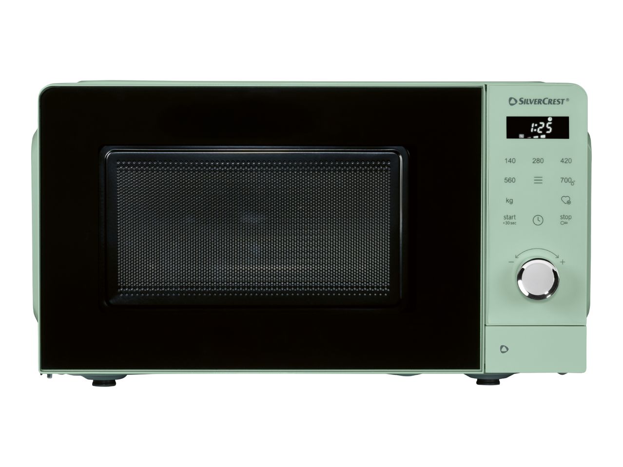 Mint green microwave oven with a black door, digital display showing 1:25, and control panel.