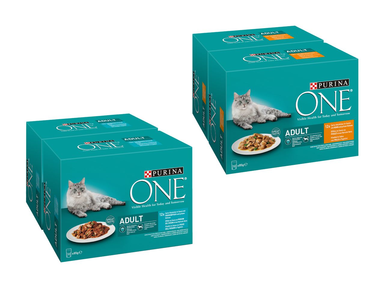 Quatre paquets de nourriture pour chats adultes Purina ONE.