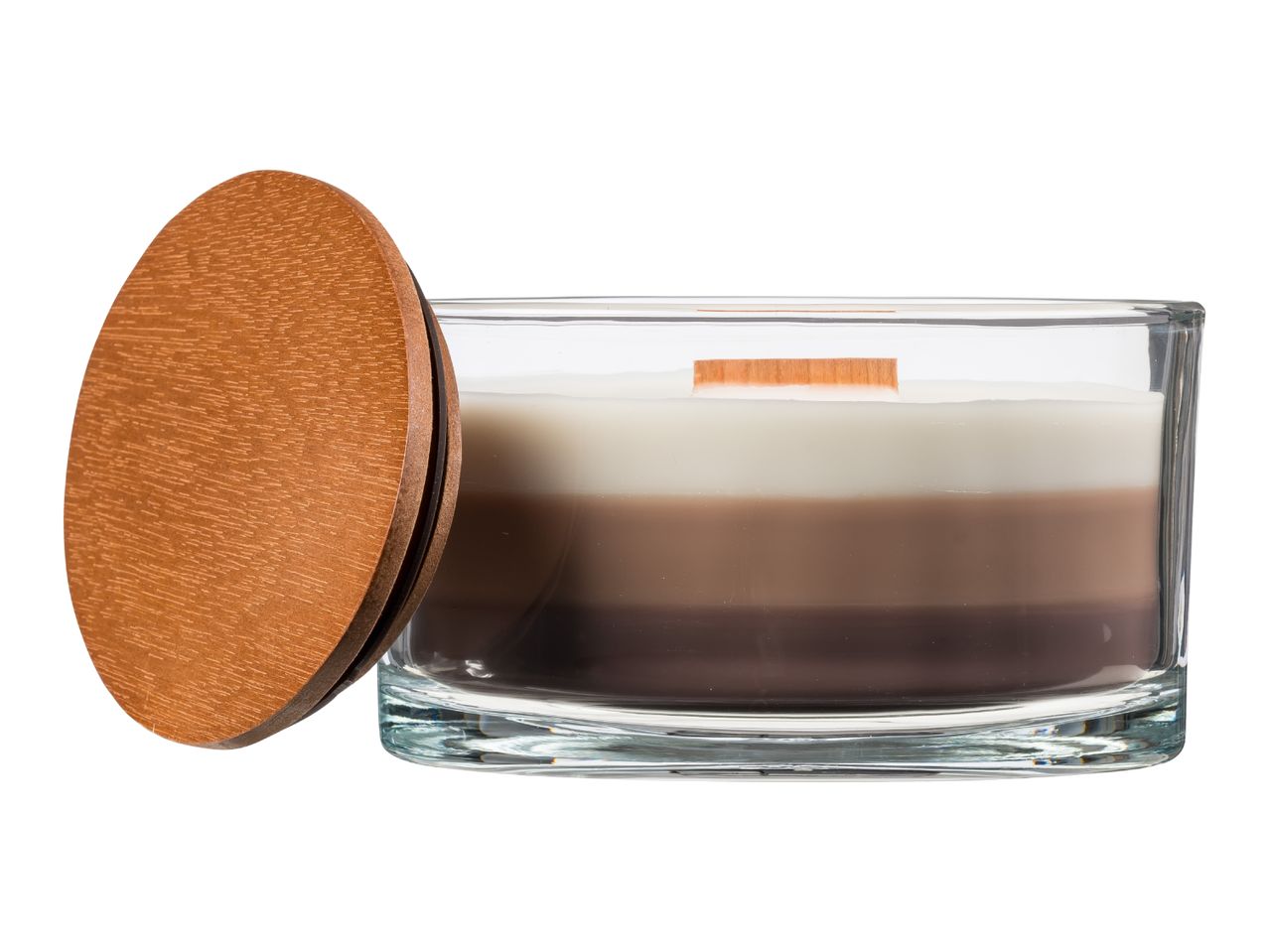 A layered candle in a clear glass container with a wooden lid, featuring white, light brown, and dark brown wax.