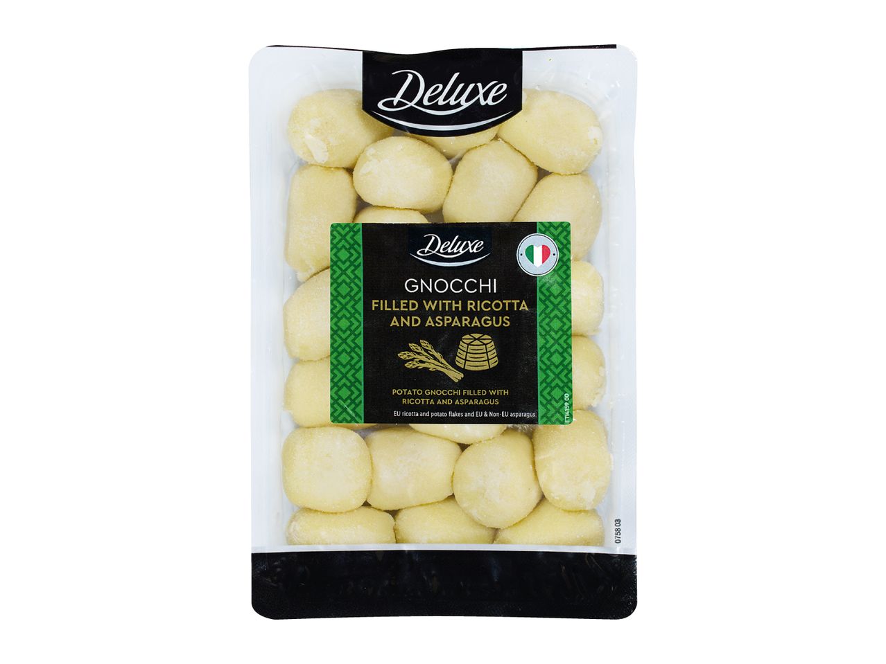 Gnocchi filled with ricotta and asparagus in a clear package.