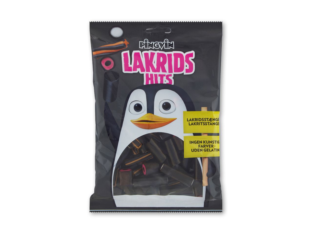 En pose med lakridsstænger og lakridshits med en pingvin på emballagen.
