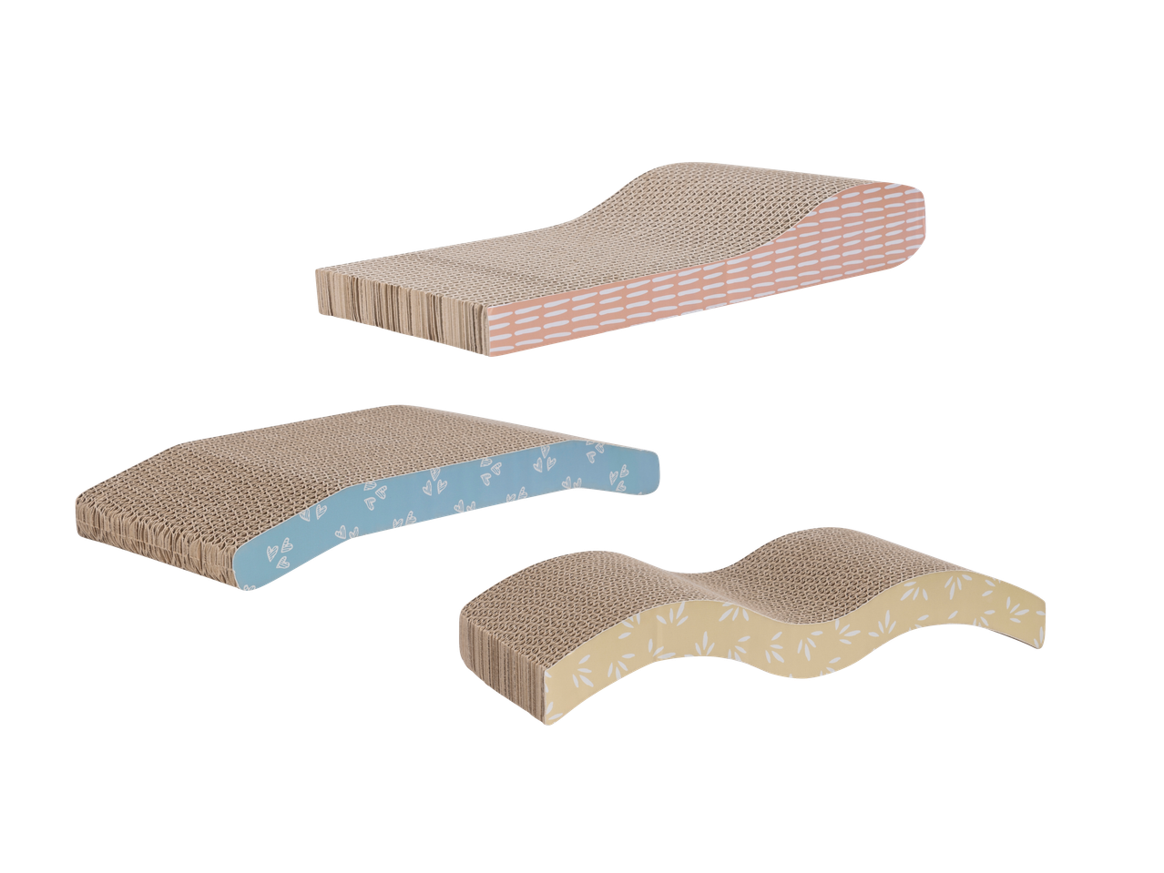 Trys Zoofari Haustierschlafplatz gofruoto kartono draskyklės su skirtingais raštais.