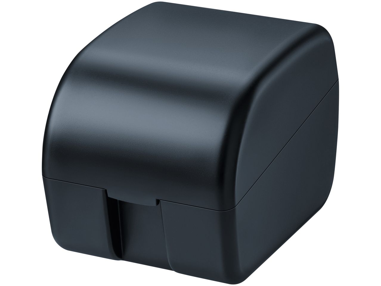 A black plastic box with a curved top and a matte finish.